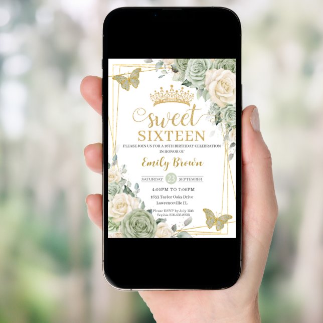 Sage Green Ivory Floral Butterflies Gold Sweet 16 Invitation (Front Digital)