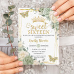 Sage Green Ivory Floral Butterflies Gold Sweet 16 Invitation<br><div class="desc">This chic Sweet 16 Birthday invitation features a silver glitter geometric frame adorned by delicate watercolor sage green, ivory white floral, soft sage greenery and sage and gold butterflies. Personalize it with your details easily and quickly, simply press the customise it button to further re-arrange and format the style and...</div>