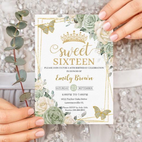 Sage Green Ivory Floral Butterflies Gold Sweet 16 Invitation