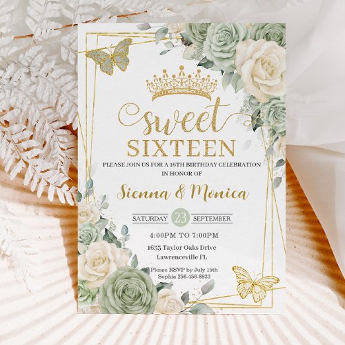 Sage Green Ivory Floral Butterfly Sweet 16 Twins  Invitation