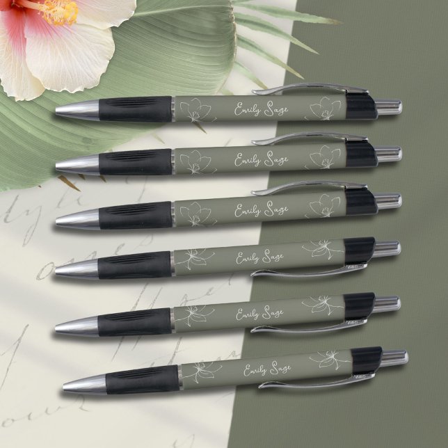 Sage Green Ivory Floral Line Art Minimalist Zen Pen (Minimalist Floral Zen Line Art Ivory Sage Green Pen ©Susanne Sachers - Sunny Wanderlust 🌞✈️)
