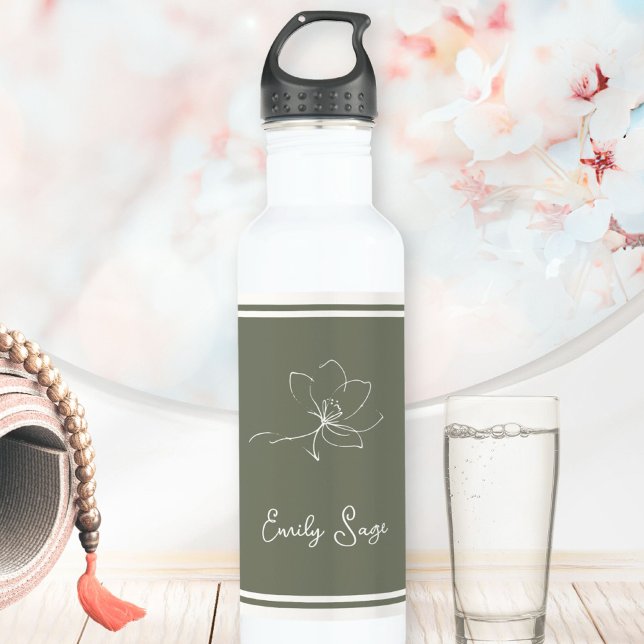 Sage Green Ivory Floral Line Art Striped Stainless Steel Water Bottle (Minimalist Floral Line Art Zen Sage Green Ivory Stainless Steel Water Bottle ©Sunny Wanderlust 🌞✈️)