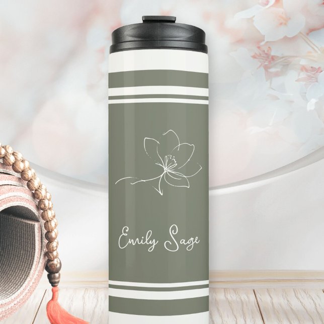 Sage Green Ivory Floral Line Art Striped Thermal Tumbler (Minimalist Floral Line Art Zen Sage Green Ivory Thermal Tumbler ©Susanne Sachers - Sunny Wanderlust )