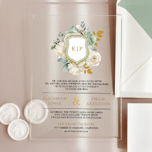 Sage Green Ivory Floral Monogram Crest Wedding Acrylic Invitations