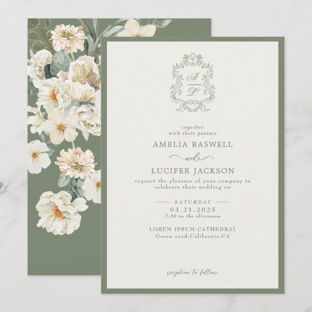 Sage Green & Ivory Floral Monogram Crest Wedding Invitation (Front/Back)