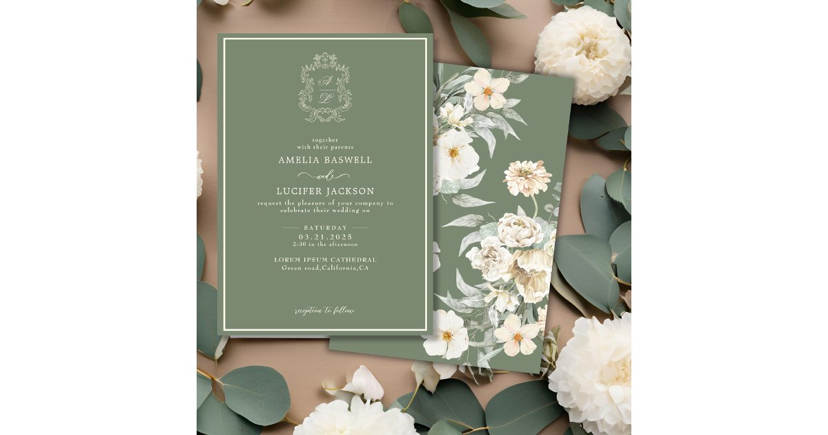 Sage Green & Ivory Floral Monogram Crest Wedding Invitation | Zazzle