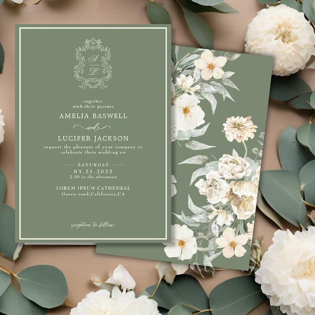 Sage Green & Ivory Floral Monogram Crest Wedding Invitation (Creator Uploaded)