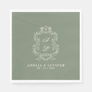 Sage Green & Ivory Floral Monogram Crest Wedding Napkins