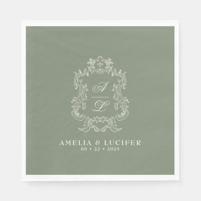 Sage Green & Ivory Floral Monogram Crest Wedding Napkins (Front)
