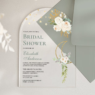 Sage Green Ivory Floral Moon Bridal Shower Acrylic Invitations