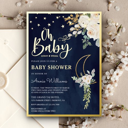 Sage Green Ivory Floral Moon Navy Baby Shower Gold Foil Invitation