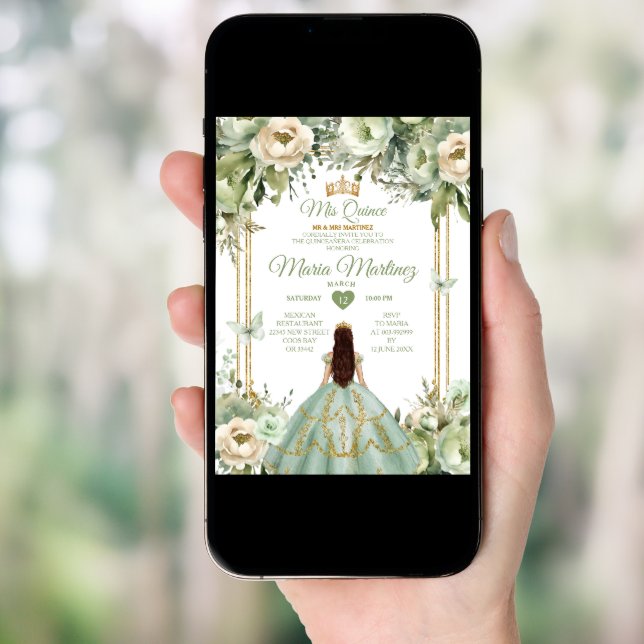 Sage Green & Ivory Floral Princess Quinceañera Invitation (Front Digital)