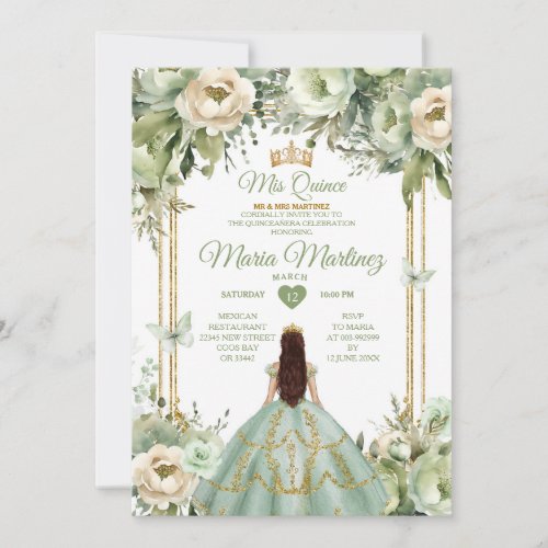 Sage Green  Ivory Floral Princess Quinceaera Invitation