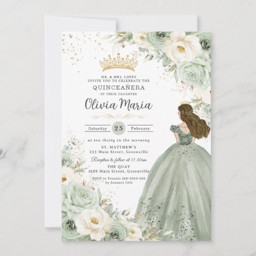 Sage Green Ivory Floral Princess Quinceañera XV 15