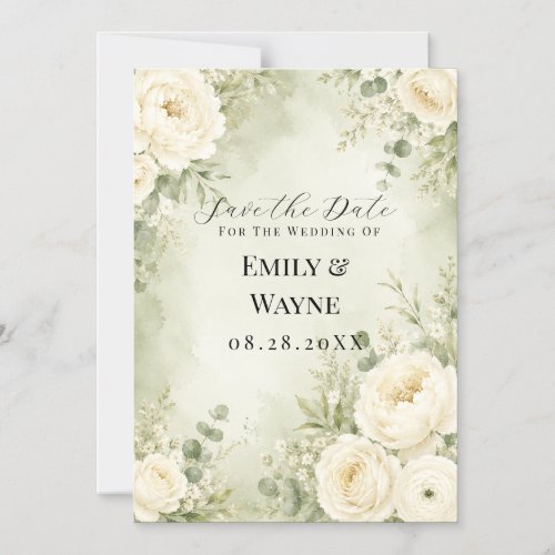Sage Green Ivory Floral Wedding Save the Date Magnetic Invitation