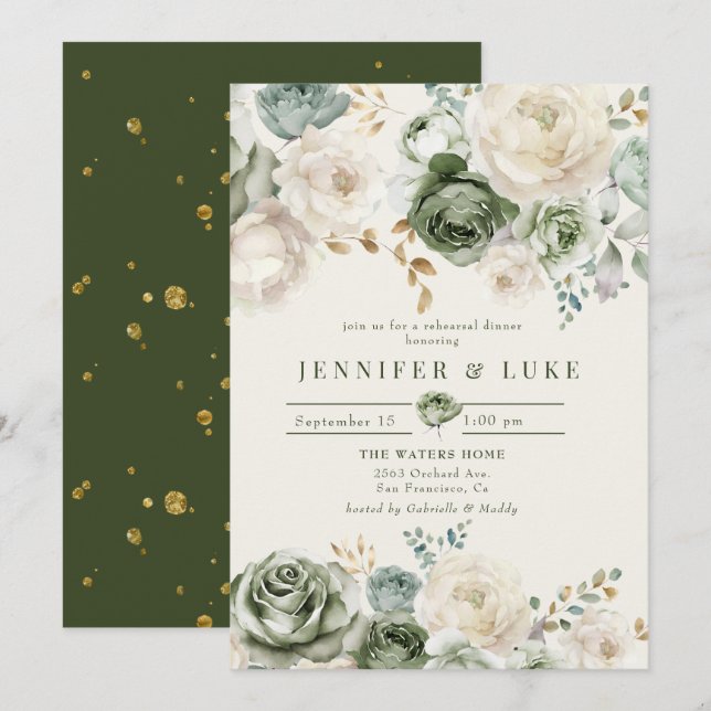 Sage Green & Ivory Flowers Rehearsal Dinner Invitation (Front/Back)