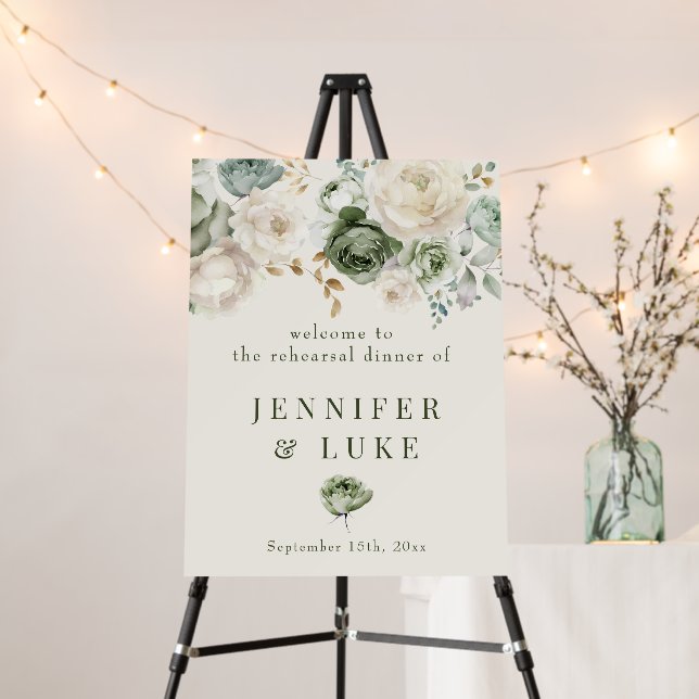Sage Green Ivory Flowers Rehearsal Dinner Welcome Foam Board (In Situ (Stand))