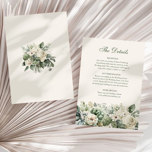 Sage Green  Ivory Flowers Wedding Details Card