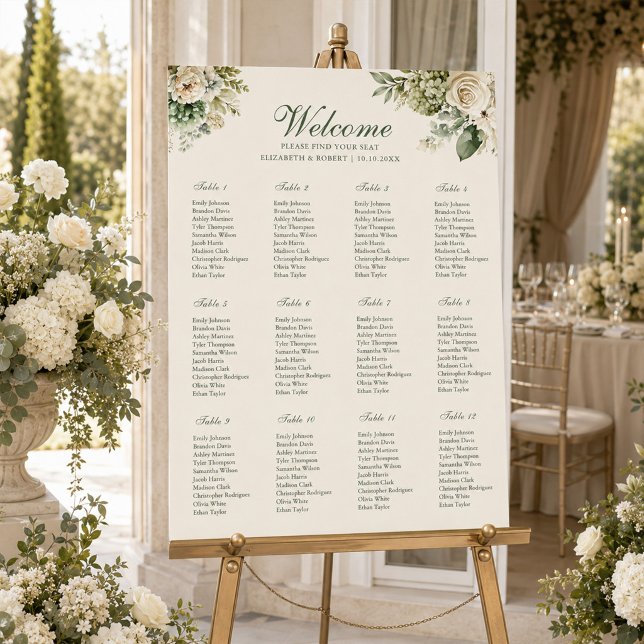 Sage Green & Ivory Flowers Wedding Seating Chart Foam Board (Sage Green & Ivory Flowers Wedding Seating Chart Foam Board surrounded with white and sage flowers)
