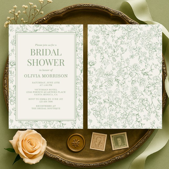 Sage Green Ivory French Floral Bridal Shower Invitation (Creator Uploaded)
