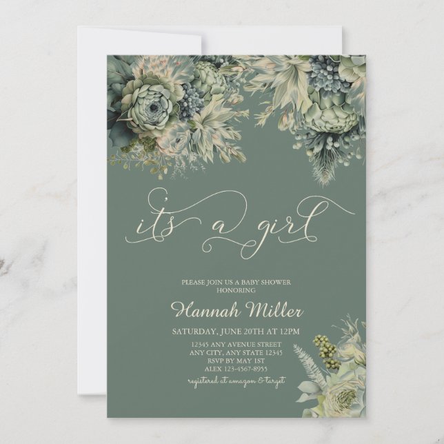 Sage Green | Ivory |  Girl Baby Shower Watercolor Invitation (Front)