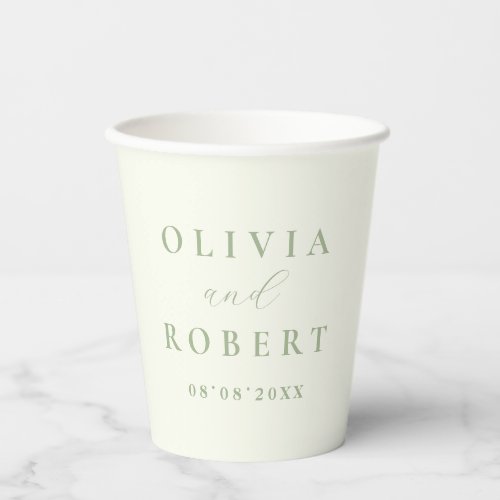 Sage Green Ivory Minimalist Wedding Monogram Paper Cups
