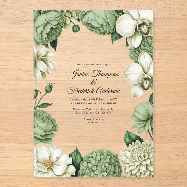 Sage Green & Ivory Modern Botanical Wedding Acrylic Invitations (Front)