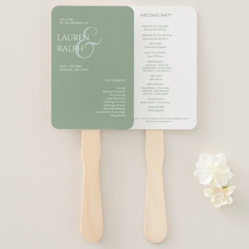 Sage Green Ivory Monogram Welcome Wedding Program Hand Fan