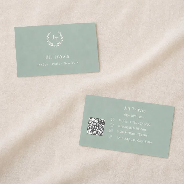 Sage green ivory monogrammed wreath modern QR code Business Card (Creator Uploaded)