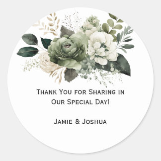 Sage Green Ivory Muted Floral Wedding | Classic Round Sticker