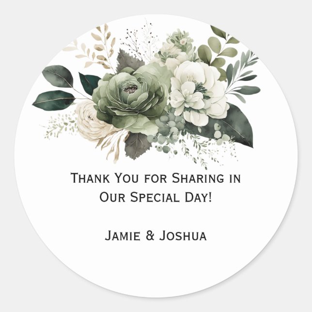 Sage Green Ivory Muted Floral Wedding | Classic Round Sticker (Front)