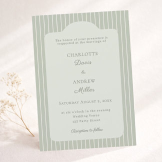 Sage Green Ivory Pinstriped Elegant Wedding Invitation