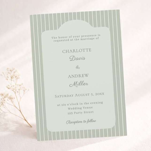 Sage Green Ivory Pinstriped Elegant Wedding  Invitation (Creator Uploaded)