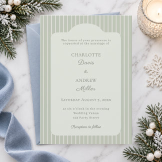 Sage Green Ivory Pinstriped Elegant Wedding Invitation