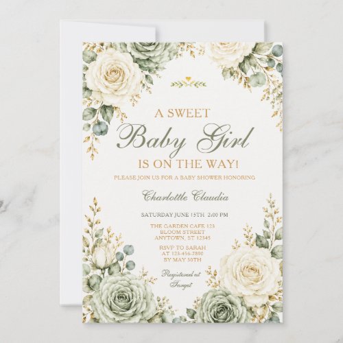 Sage Green Ivory Rose Floral Baby Girl Shower  Invitation