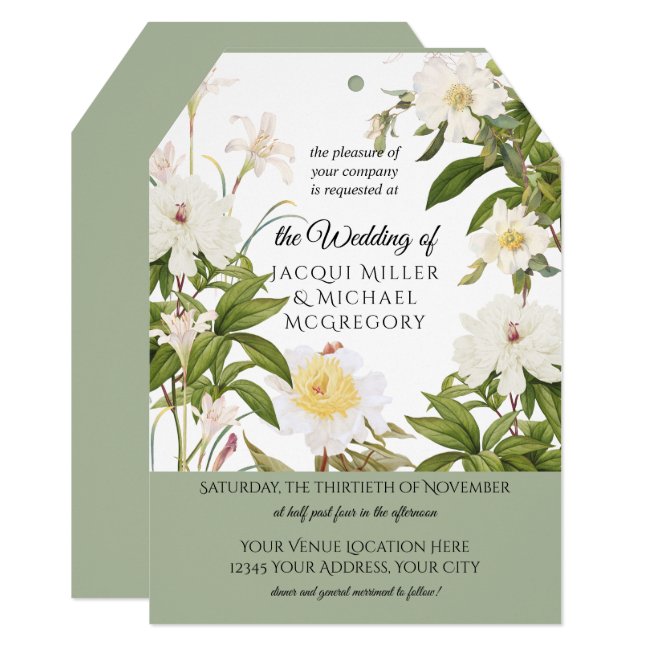 Sage Green Ivory Rose Peony w Leaf Foliage Wedding Invitation