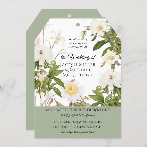 Sage Green Ivory Rose Peony w Leaf Foliage Wedding Invitation