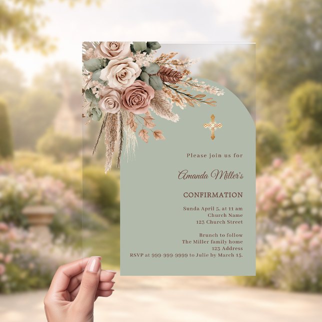 Sage green ivory taupe roses arch Confirmation Acrylic Invitations (Creator Uploaded)