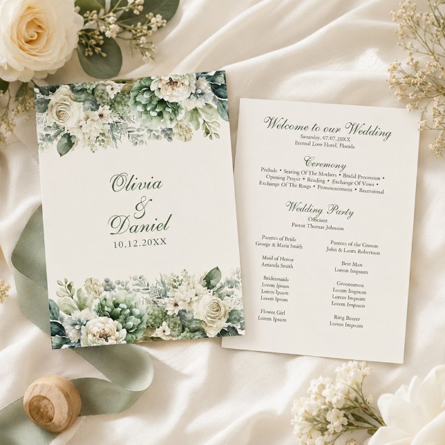 Sage Green & Ivory Wildflower Wedding Program (Boho Sage Green and Ivory Flowers Wedding Program with wedding decor and white flowers)
