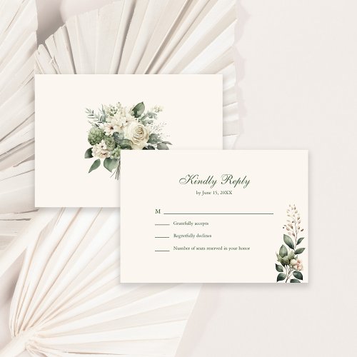 Sage Green  Ivory Wildflowers Wedding RSVP Card