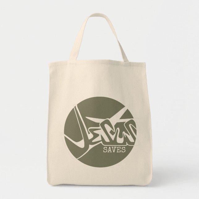 Sage Green Jesus Saves Graffiti Tote Bag (Front)