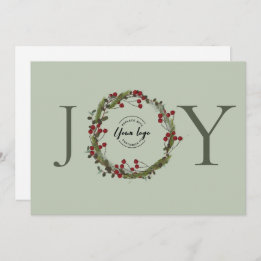Sage Green JOY Christmas Wreath Logo Personalized Holiday Card