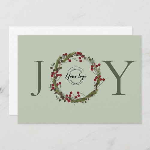 Sage Green JOY Christmas Wreath Logo Personalized Holiday Card