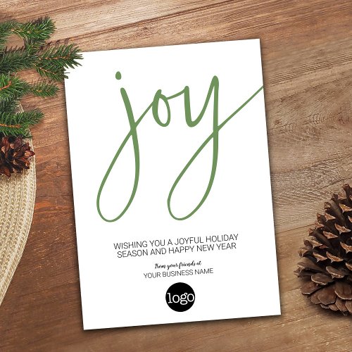 Sage Green JOY with Business Logo Holiday Card