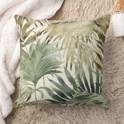 Sage Green Jungle Palm Leaf Throw Pillow