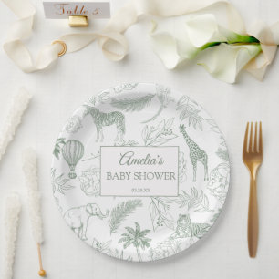 Sage Green Jungle Safari Animals Baby Shower Paper Plates