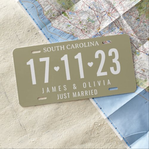 Sage Green Just Married Custom Wedding Date License Plate