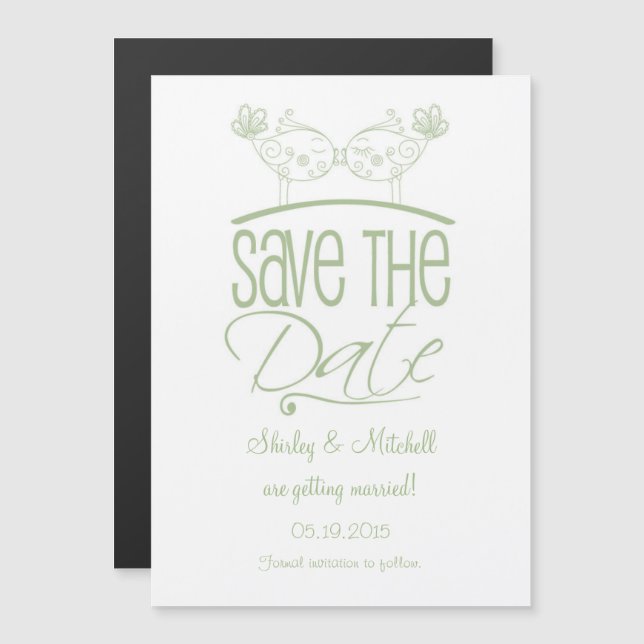 Sage Green Kissing Birds Magnetic Save the Date Invitation (Front/Back)