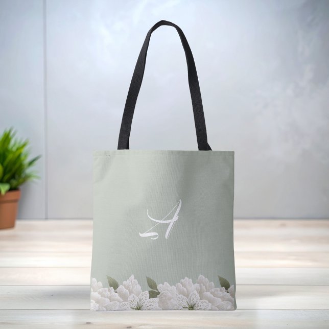 Sage Green Lace Floral Monogram stylish tote bag (Creator Uploaded)