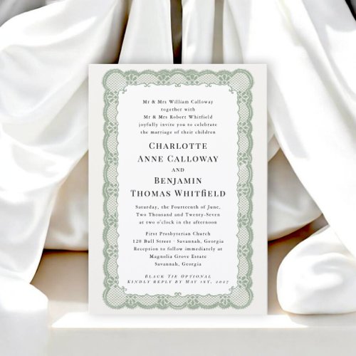 Sage Green Lace Frame Traditional Wedding Invitation